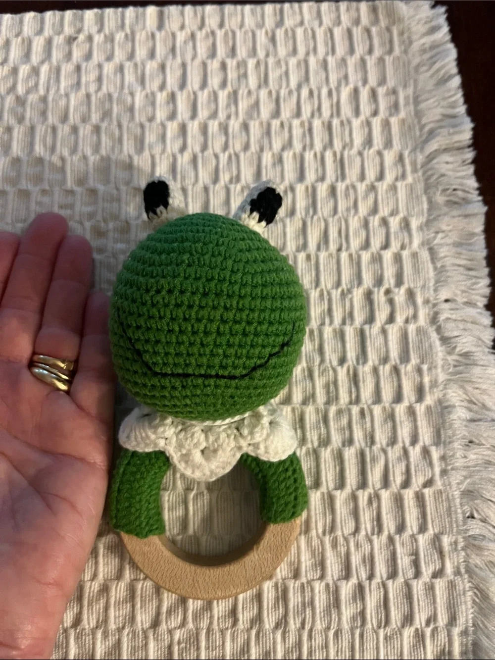 Handmade Green Crochet Frog Teething Rattle for Small Pets. New